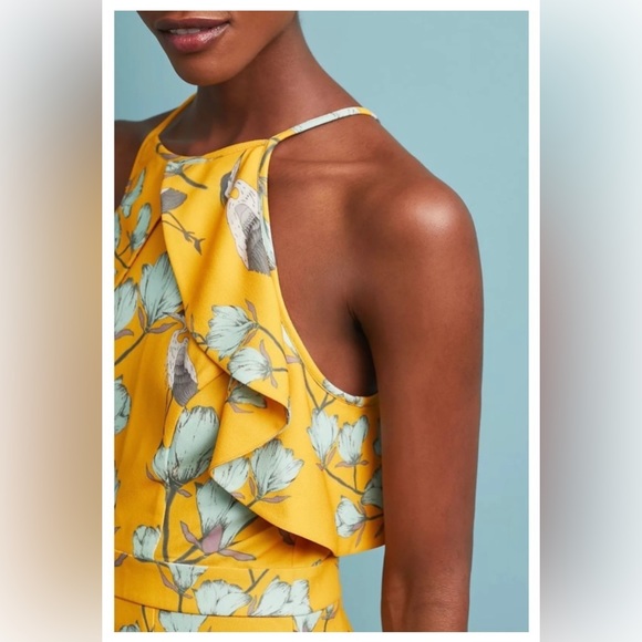Varun Bahl Warbler Ruffle Jumpsuit Yellow Motif Anthropologie size 0 - Picture 6 of 16